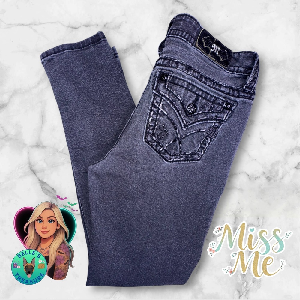 Miss Me Pants Women 30 Hailey Skinny Gray Wash Black Rhinestone Soft Stretch Y2K